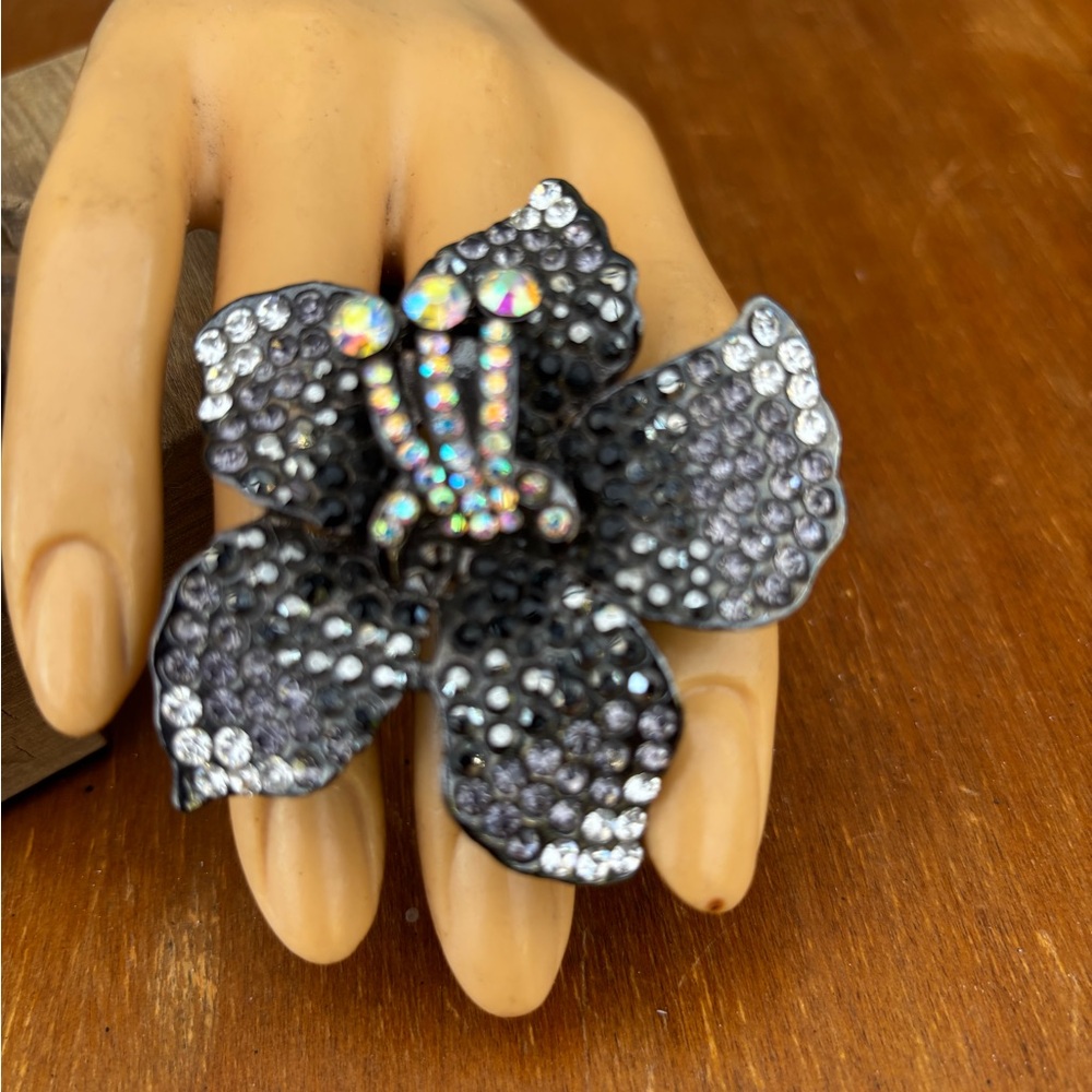 Black Crystal Flower Statement Ring